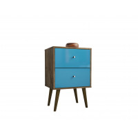 Manhattan Comfort 204AMC93 Liberty Mid Century - Modern Nightstand 2.0 with 2 Full Extension Drawers in Rustic Brown and Aqua Blue 